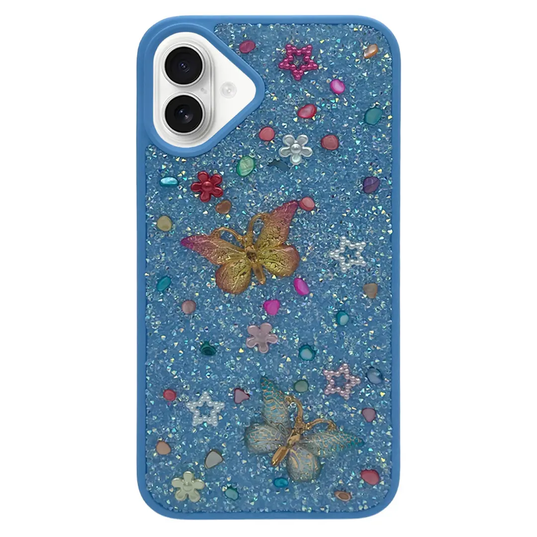 iPhone 16 Plus Butterfly and Diamond Bling Case Sky Blue